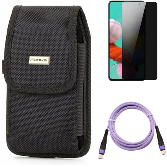Case Belt Clip & Purple 10ft PD Cable & Privacy Screen Protector for Samsung Galaxy S20 Fan Edition - Swivel Holster + Type-C to USB-C Fast Charger Cord + Tempered Glass Anti-Spy Combo