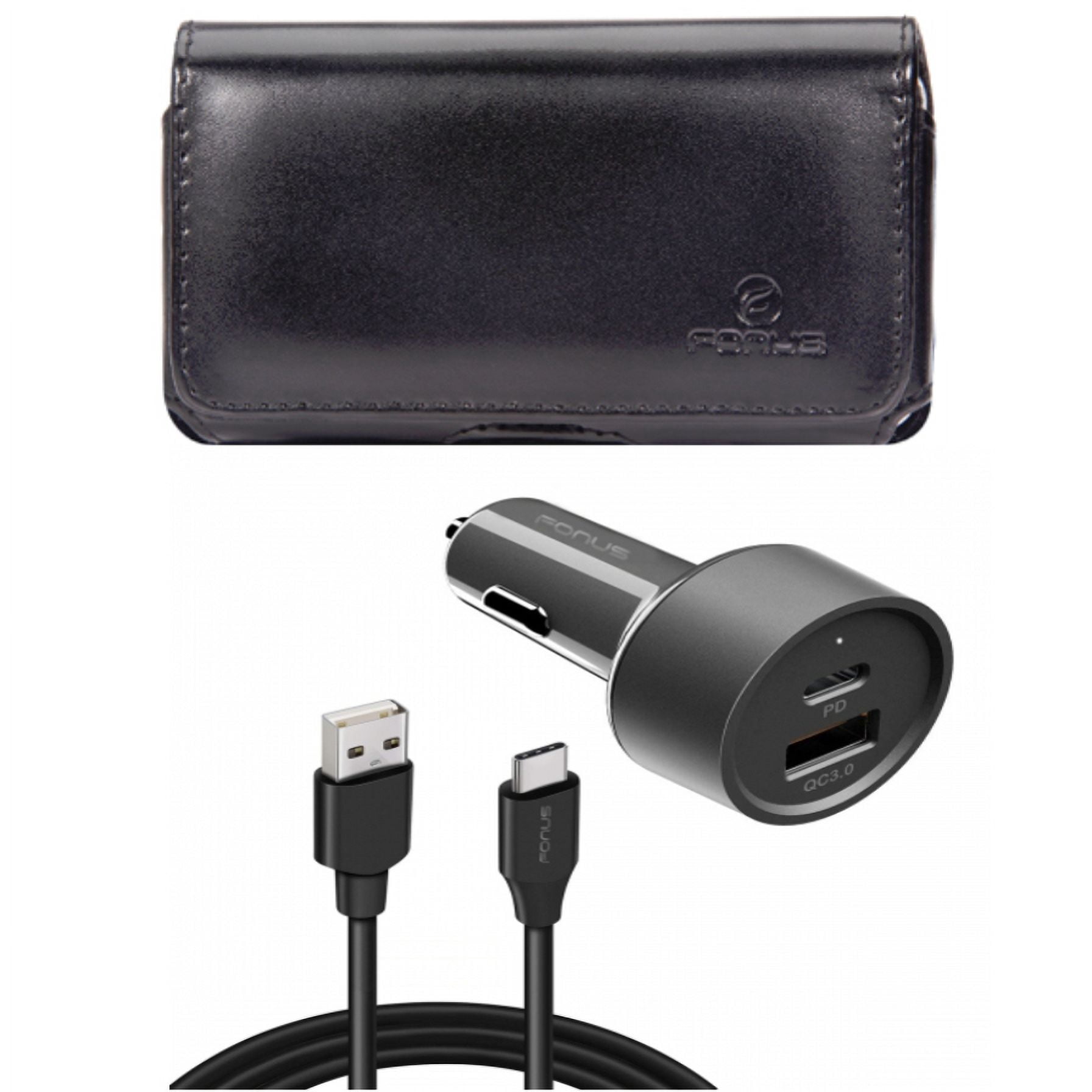 Case Belt Clip & Quick Car Charger for iPhone 15 Pro - Leather Swivel Holster Loops and 36W 2-Port USB Cable Type-C PD Power K4L for iPhone 15 Pro (6.1")
