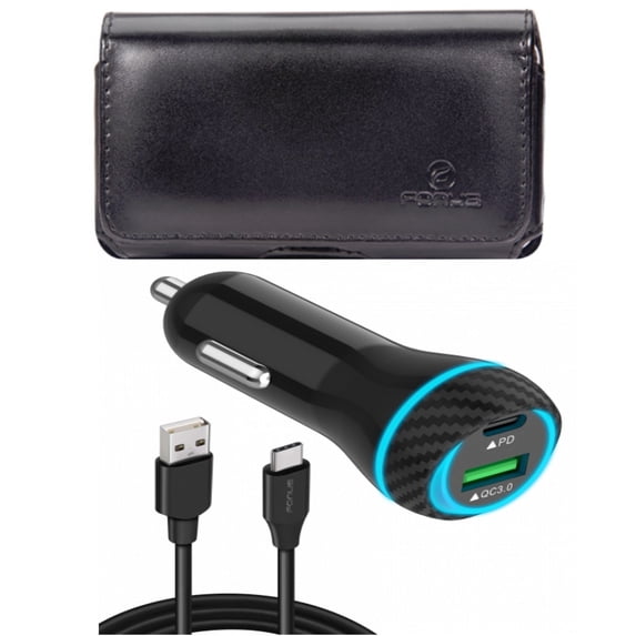 Case Belt Clip & Quick Car Charger for iPhone 15 Pro - Leather Swivel Holster Loops and 43W 2-Port USB Cable Type-C PD Power O4O for iPhone 15 Pro (6.1")
