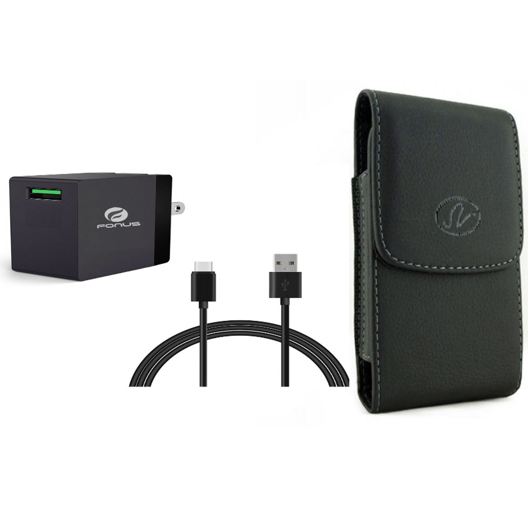 Case Belt Clip & Quick Home Charger for iPhone 15 Pro Max - Leather Holster Cover Pouch and 18W 6ft USB Cable Power Cord W1O for iPhone 15 Pro Max (6.7")