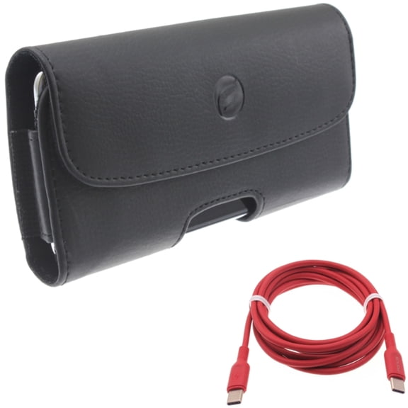 Case Belt Clip + Red 6ft Long Cable for Motorola One 5G Ace Phone - Leather Holster Cover Pouch and USB-C to Type-C PD Fast Charger Cord Power Combo for Motorola One 5G Ace
