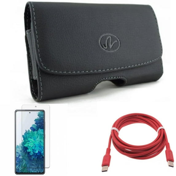 Case Belt Clip & Red 6ft Long Cable & Screen Protector for Samsung Galaxy S20 Fan Edition - Leather Swivel + USB-C to Type-C PD Fast Charger + Anti-Glare Tempered Glass Combo