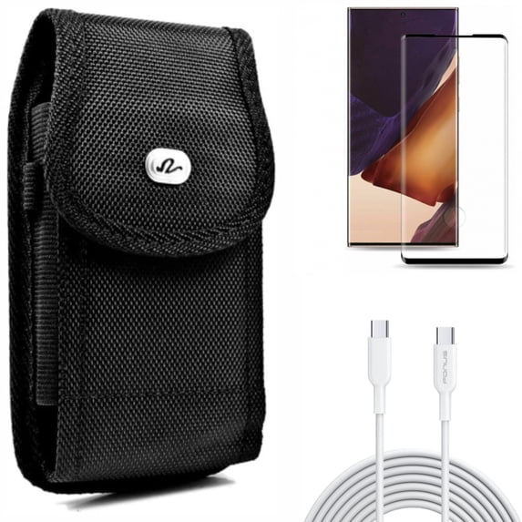 Case Belt Clip & Screen Protector & 6ft Long Type-C Cable for Samsung Galaxy Note 20 Ultra (6.9") - Combo with Rugged Holster & Tempered Glass (Fingerprint Unlock) & PD Fast Charger Cord Power