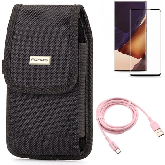 Case Belt Clip & Screen Protector & 6ft USB-C Cable for Samsung Galaxy Note 20 Ultra (6.9") - Combo with Rugged Holster & Tempered Glass (Fingerprint Unlock) & Pink Charger Cord