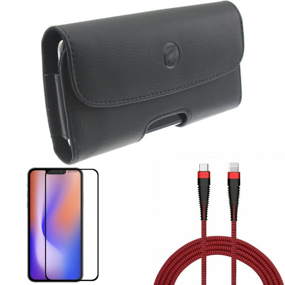 Case Belt Clip & Screen Protector & PD Cable for iPhone 13/Pro ONLY - Leather Holster Cover + Anti-Glare Tempered Glass Matte + 10ft USB-C to iPhone Charger Combo