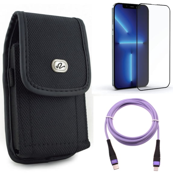 Case Belt Clip & Screen Protector & Purple 6ft PD Cable for iPhone 13 Pro Max ONLY - Rugged Holster Canvas + Anti-Glare Tempered Glass Matte + USB-C Long Cord Fast Charger Combo
