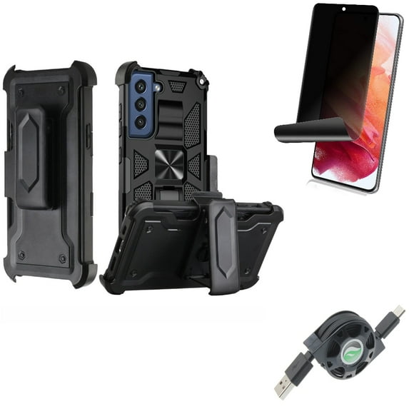 Case Belt Clip & USB Cable & Privacy Screen Protector for Samsung Galaxy S22 (6.1") - Holster Swivel & Retractable Type-C & TPU Film Fingerprint Works Accessory Bundle