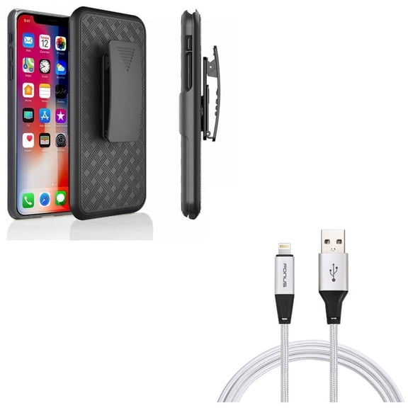 Case Belt Clip w 10ft USB Cable for iPhone XR - Holster Swivel Cover Kickstand Armor, Charger Cord Power Wire Braided Long Compatible With iPhone XR