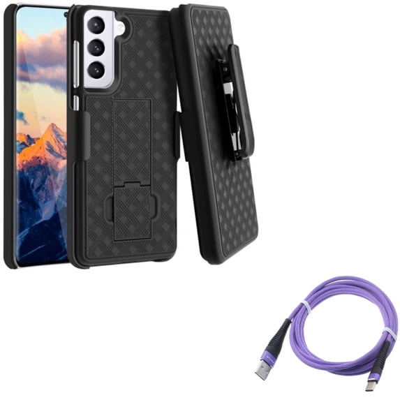 Case Belt Clip w 6ft USB-C Cable for Samsung Galaxy S21 - Holster Swivel Cover, Purple Type-C Charger Cord