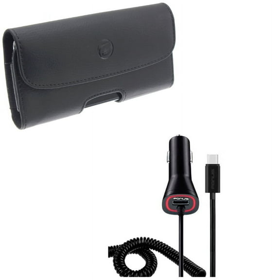 Case Belt Clip w Fast Car Charger - Leather Holster Cover and USB-C DC Socket Adapter for BLU G9, Vivo XI Plus, Pro - BOLD N1 - CAT S62,Pro - Cricket Influence, Icon 2 - V9V