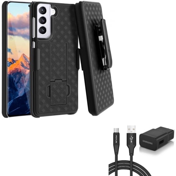 Case Belt Clip w Fast Home Charger for Samsung Galaxy S21 - Holster Swivel Cover, Type-C 6ft USB-C Cable