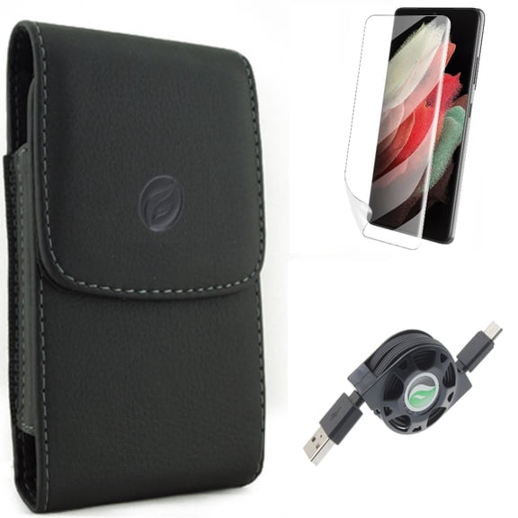 Case Belt Clip w Matte Screen Protector w USB Cable for Samsung Galaxy S21 Plus - Leather Holster, TPU Film Anti-Glare, Retractable Type-C Accessory Bundle