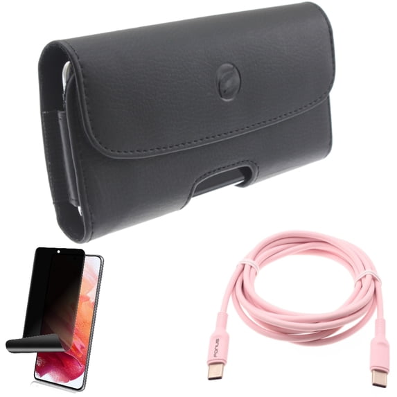 Case Belt Clip w Pink 6ft Long Cable w Privacy Screen Protector for Samsung Galaxy S21 Plus - Leather Holster, USB-C to Type-C PD Fast Charger, TPU Film Fingerprint Works Accessory Bundle