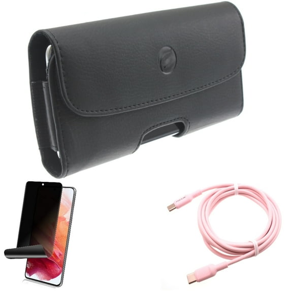 Case Belt Clip w Privacy Screen Protector w Pink 10ft Long Cable for Samsung Galaxy S21 Plus - Leather Holster, TPU Film Fingerprint Works, USB-C to Type-C PD Fast Charger Accessory Bundle
