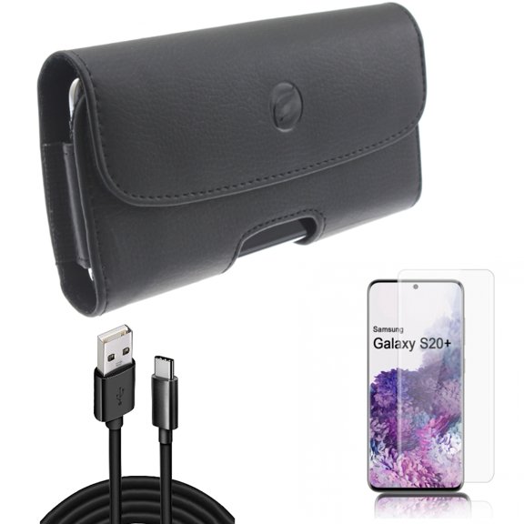 Case Belt Clip w Screen Protector w 10ft USB Cable for Samsung Galaxy S20 Plus - Leather Holster Cover, Tempered Glass [Fingerprint Unlock] 3D Curved Edge, Type-C Charger Cord fits Galaxy S20 Plus