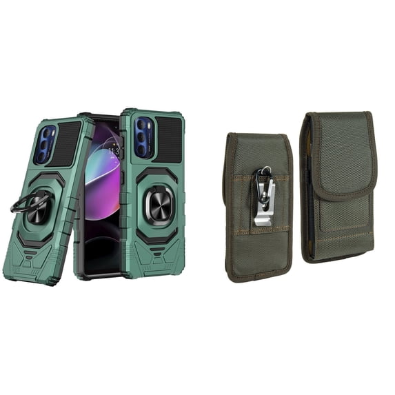 Case with Belt Holster Bundle for Moto G Stylus 5G 2022: Heavy Duty Shield Cover (Midnight Green) and Vertical Rugged Nylon Phone Pouch (Midnight Green)