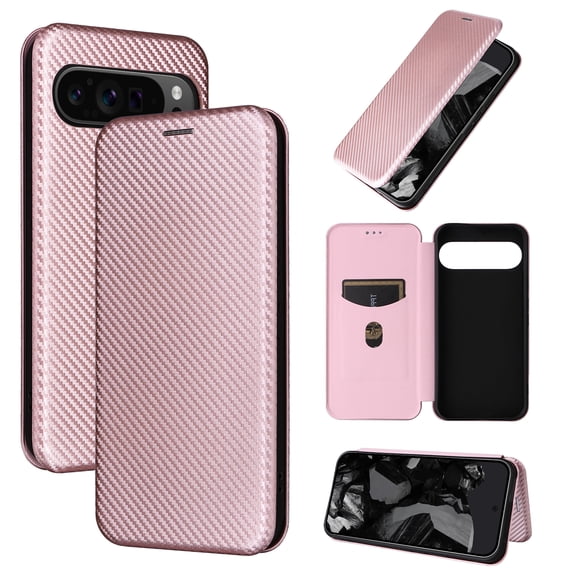Case with Card Holder Compatible with Google Pixel 9 / 9 Pro Wallet Case, Carbon Fiber PU Leather Magnetic Cover with Kickstand Card Slot Protective Shell Designed for Google Pixel 9 / 9 Pro, Pink