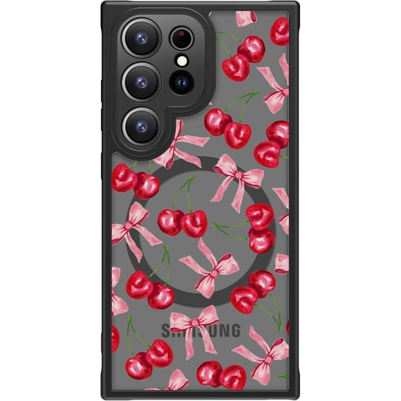 Case Case for Samsung Galaxy S24 Ultra - Wireless Charging & Military-Grade Protection - Wildflower Design for Women Girls, Matte Cover Shock-Absorbing Corners - Cherry and Bows