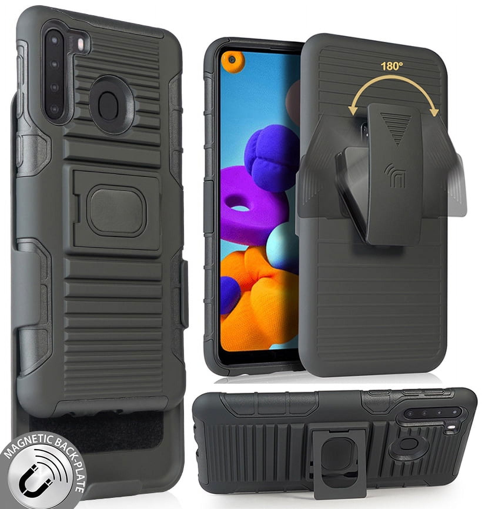 Case with Clip for Galaxy A21, Nakedcellphone Black Rugged Ring Grip Cover [with Stand and Built-In Mounting Plate] and [Belt Hip Holster] for Samsung Galaxy A21