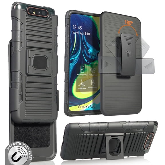 Case with Clip for Galaxy A80, Nakedcellphone Black Rugged Cover [with Finger Grip Stand] + [Built-In Mounting Plate] + [Belt Hip Holster] for Samsung Galaxy A80 (SM-A805) 2019
