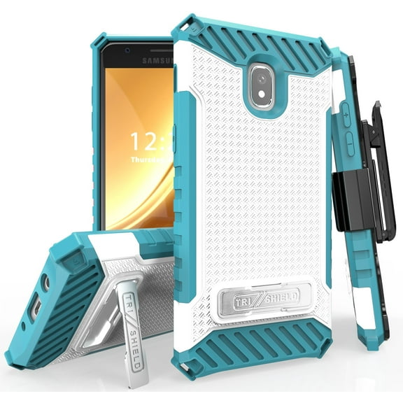 Case with Clip for Galaxy Express Prime-3/Amp Prime-3, White/Turquoise Tri-Shield Cover and Belt Hip Holster [Kickstand + Wrist Strap] for Samsung Galaxy Express Prime 3, Amp Prime 3, Galaxy Sol 3