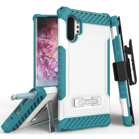 Case with Clip for Galaxy Note 10 Plus, White/Turquoise Tri-Shield [Military Grade] Rugged Cover with Metal Kickstand [Includes Wrist Strap Lanyard + Belt Hip Holster] for Samsung Galaxy Note 10+