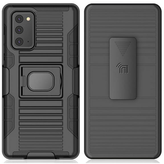 Case with Clip for Galaxy Note 20, Nakedcellphone Black Rugged Ring Grip Cover [with Stand and Built-In Mounting Plate] + [Belt Hip Holster] for Samsung Galaxy Note 20 Phone (SM-N980, SM-N981)