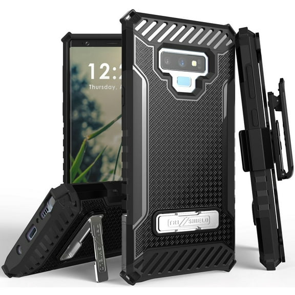 Case with Clip for Galaxy Note 9, Tri-Shield Rugged Cover and Belt Hip Holster [with Metal Kickstand + Wrist Strap Lanyard] for Samsung Galaxy Note 9 (SM-N960)