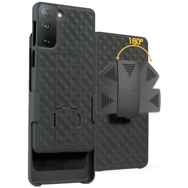 Case with Clip for Galaxy S21, Nakedcellphone [Black Tread] Kickstand Cover with [Rotating/Ratchet] Belt Hip Holster Combo for Samsung Galaxy S21 Phone