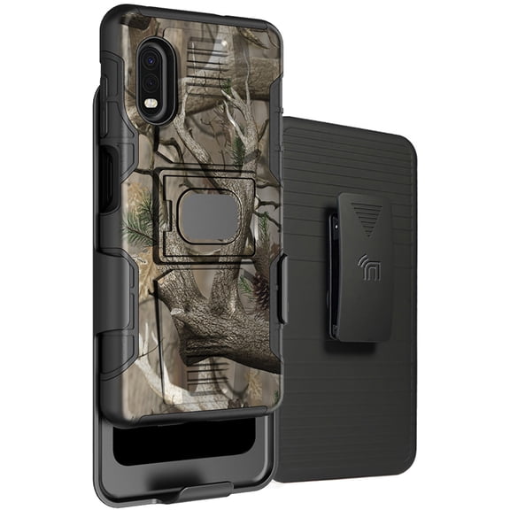 Case and Clip for Galaxy XCover Pro, Outdoor Camouflage Tree Leaf Real Woods Rugged Camo Cover with Stand [Built-In Mounting Plate] and [Belt Hip Holster] for Samsung Galaxy XCover Pro Phone (SM-G715)