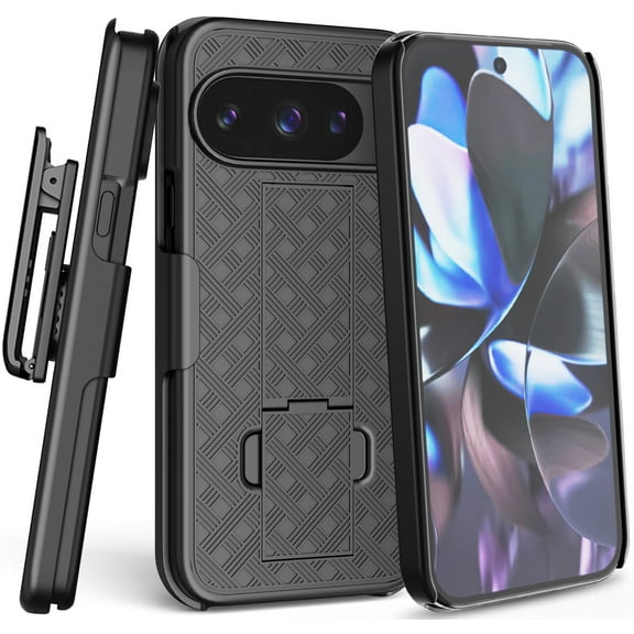 Case with Clip for Google Pixel 10 / Pixel 10 Pro, Nakedcellphone Slim Hard Shell Phone Cover with Kickstand and [Rotating/Ratchet] Belt Hip Holster Holder Combo - Black
