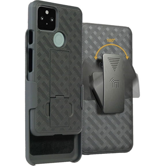 Case with Clip for Google Pixel 5, Nakedcellphone [Black Tread] Kickstand Cover with [Rotating/Ratchet] Belt Hip Holster Holder Combo for Google Pixel 5 5G Phone