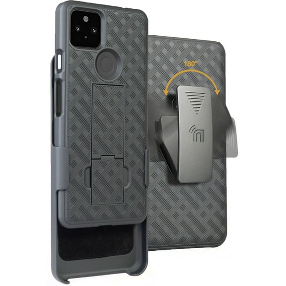 Case with Clip for Google Pixel 5a, Nakedcellphone [Black Tread] Kickstand Cover with [Rotating/Ratchet] Belt Hip Holster Holder Combo for Google Pixel 5a Phone