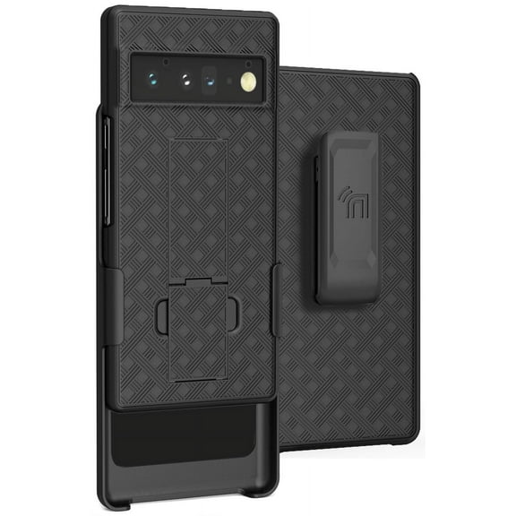 Case with Clip for Google Pixel 6 Pro, Nakedcellphone Slim Hard Shell Phone Cover with Kickstand and [Rotating/Ratchet] Belt Hip Holster Combination - Black Tread