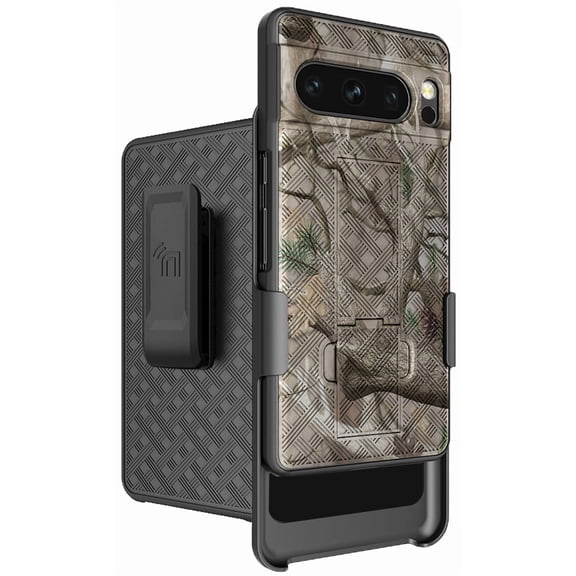 Case with Clip for Google Pixel 8 Pro, Nakedcellphone [Grid Texture] Slim Hard Shell Cover with Stand and [Rotating/Ratchet] Belt Hip Holster Holder Combo