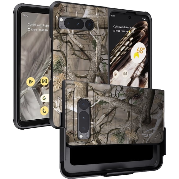 Case with Clip for Google Pixel Fold (2023), Nakedcellphone Rugged Phone Cover and [Rotating Ratchet] Belt Hip Holster Holder View Stand Combo - Outdoor Bush Camo Tree Design