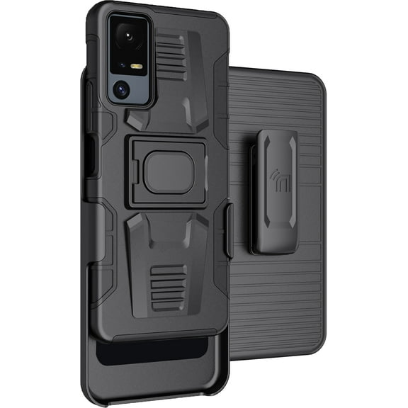 Case with Clip for Jitterbug Smart4, Nakedcellphone Rugged Ring Grip Cover with Stand and [Belt Hip Holster] for Lively Smart 4 Phone (2023, T608G) - Black