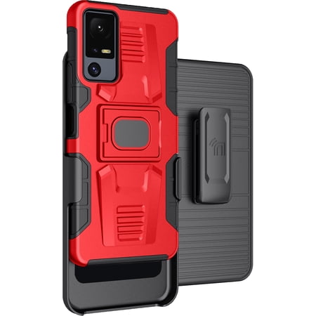 Case with Clip for Jitterbug Smart4 / TCL 40XL, Nakedcellphone Rugged Ring Grip Cover with Stand and [Belt Hip Holster] for Lively Smart 4 Phone (2023, T608G) - Red