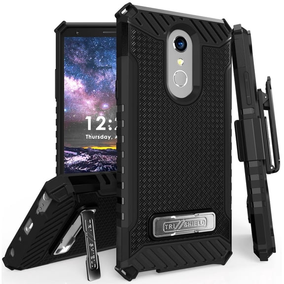 Case with Clip for LG Stylo 4, Black Tri-Shield Rugged Cover and Belt Hip Holster [with Metal Kickstand + Wrist Strap Lanyard] for LG Q Stylus | LG Stylo 4 | LG Stylus 4