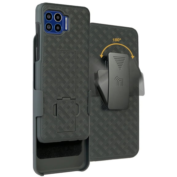Case with Clip for Moto One 5G, Nakedcellphone [Black Tread] Kickstand Cover with [Rotating/Ratchet] Belt Hip Holster Combo for Motorola Moto One 5G Phone (XT2075)