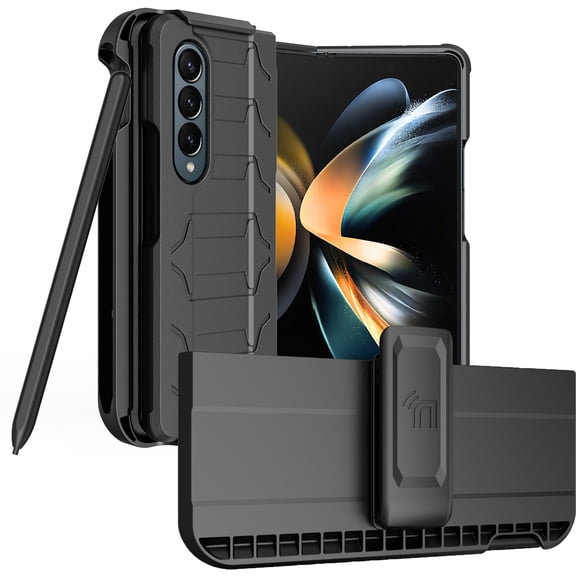 Case with Clip and S Pen Slot for Galaxy Z Fold 4 5G, Nakedcellphone Rugged Cover and Custom Belt Hip Holster Holder View Stand Combo for Samsung Z Fold4 Phone (SM-F936U, 2022) - Matte Black