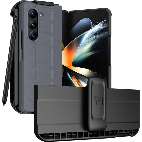 Case with Clip and S Pen Slot for Galaxy Z Fold 5 5G, Nakedcellphone Rugged Cover and Custom Belt Hip Holster Holder View Stand Combo for Samsung Z Fold5 Phone (SM-F946U, 2023) - Storm Gray