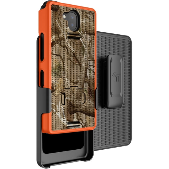 Case with Clip for Sonim XP10 5G, Nakedcellphone [Hunter Camouflage] Slim Hard Phone Cover with Kickstand and Belt Hip Holster Combo for XP9900 (2022) - Orange Camo