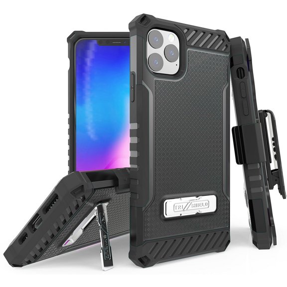 Case with Clip for iPhone 11 Pro Max, Black Tri-Shield [Military Grade] Rugged Cover with Metal Kickstand [Includes Wrist Strap Lanyard + Belt Hip Holster] for iPhone 11 Pro Max (2019, 6.5" Model)