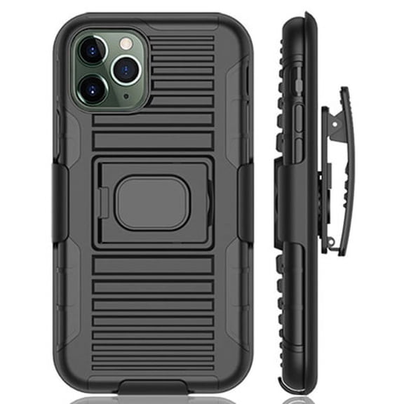 Case with Clip for iPhone 11 Pro Max, Nakedcellphone Black Rugged Cover [with Finger Grip Stand] + [Built-In Mounting Plate] + [Belt Hip Holster] for Apple iPhone 11 Pro Max (2019, 6.5" Model)