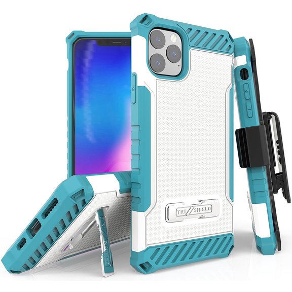 Case with Clip for iPhone 11 Pro Max, White/Turquoise Tri-Shield [Military Grade] Rugged Cover with Metal Kickstand [Wrist Strap Lanyard + Belt Hip Holster] for iPhone 11 Pro Max (2019, 6.5" Model)