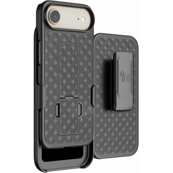 Case with Clip for iPhone 17 Air, Nakedcellphone Slim Hard Shell Phone Cover with Kickstand and [Rotating/Ratchet] Belt Hip Holster Holder Combo - Black