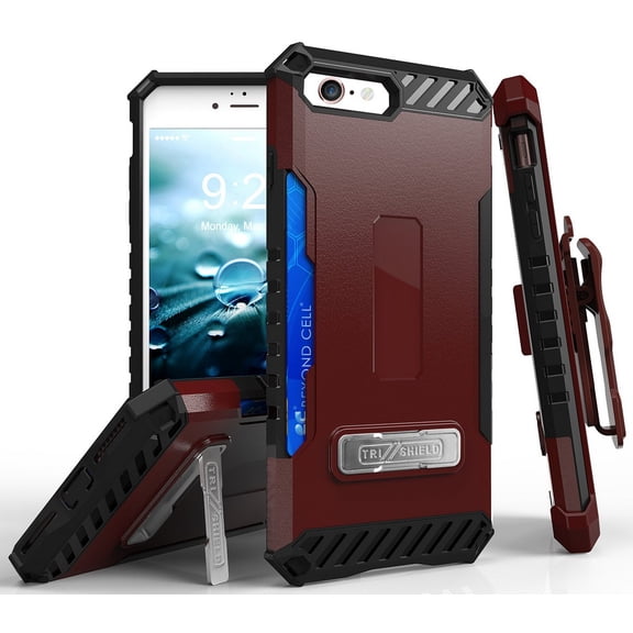 Case with Clip for iPhone 8, Burgundy Tri-Shield Cover and Belt Hip Holster [Kickstand + Credit Card Wallet Slot + Strap] for Apple iPhone 8, iPhone 7