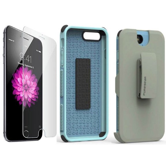 Case with Clip for iPhone 8 Plus, PureGear [Light Blue] Dualtek Extreme Rugged Cover + Belt Hip Holster with Stand [and BONUS Tempered Glass Screen Protector] for Apple iPhone 7 Plus, iPhone 8 Plus