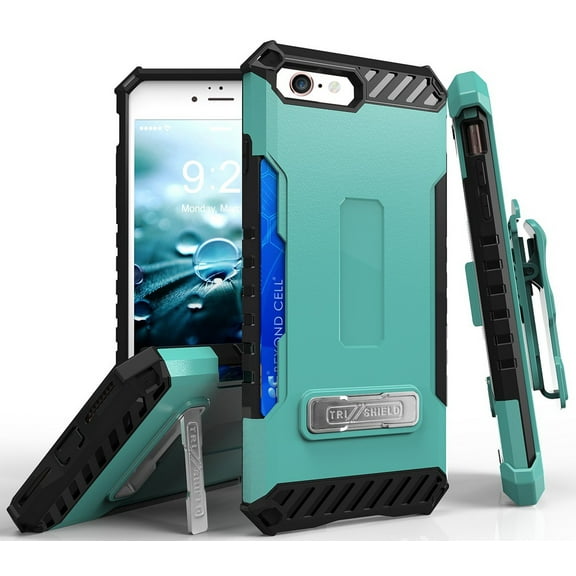 Case with Clip for iPhone SE 2022/2020, Mint Tri-Shield Rugged Cover and Belt Hip Holster [with Kickstand + Credit Card Slot + Strap] for iPhone SE (2022/2020), iPhone 8, iPhone 7